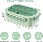 NatraProw Bento Box for Adult, 1200 ML Lunch Containers for Adults, LeakProof Lunch Box with Utensils, BPA Free, 3 Compartment Bento Box Microwave Safe, Green