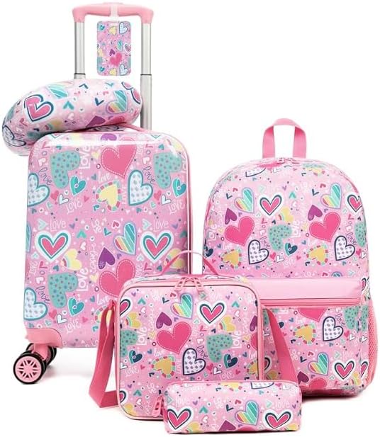 Kids Luggage with Spinner Wheels 5 Piece Carry on Suitcases for Girls Backpack with Lunch Box Pencil Case 16" Toddler Suitcase Set Airline Approved (Pink Heart)