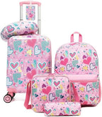 Kids Luggage with Spinner Wheels 5 Piece Carry on Suitcases for Girls Backpack with Lunch Box Pencil Case 16" Toddler Suitcase Set Airline Approved (Pink Heart)