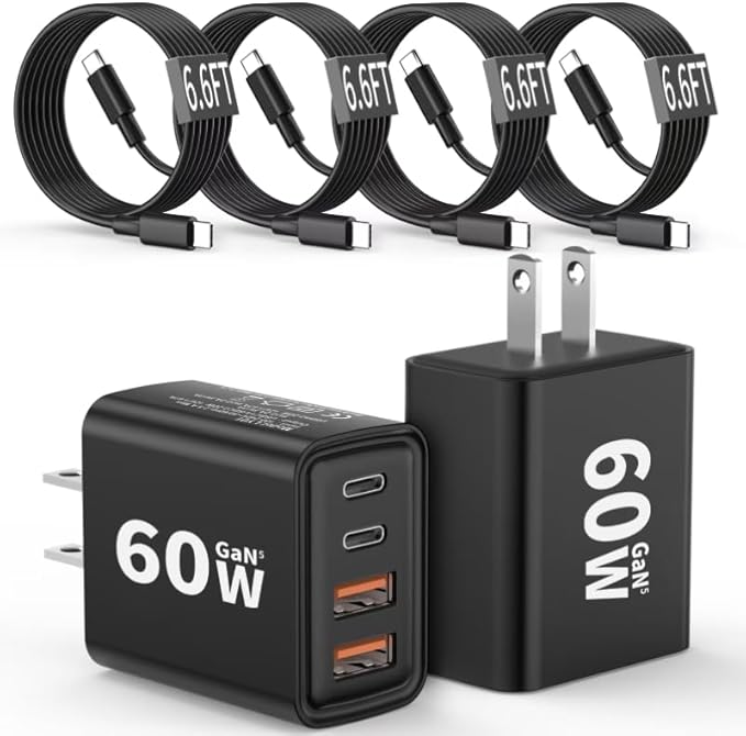 2 Pack USB C Charger Block 60W, 4-Port GaN5 Super Fast Phone Charger, Type C Charging Block PD 20W & QC 20W with 6.6FT USB C Cables for iPhone 17 Air/17/16/15 Pro Max Samsung Galaxy S24