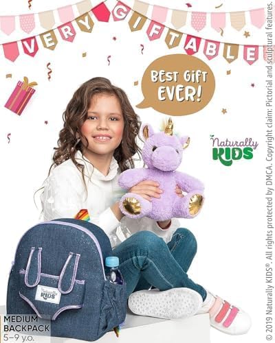 Naturally KIDS 【Upgraded】 Medium Backpack w Removable Purple Unicorn Toy for Girls Age 4-7 | Side&Inner Pockets, Reflective Logo, Sparkling Material | Unicorn Gifts for 5 Year Old Girls – Medium size