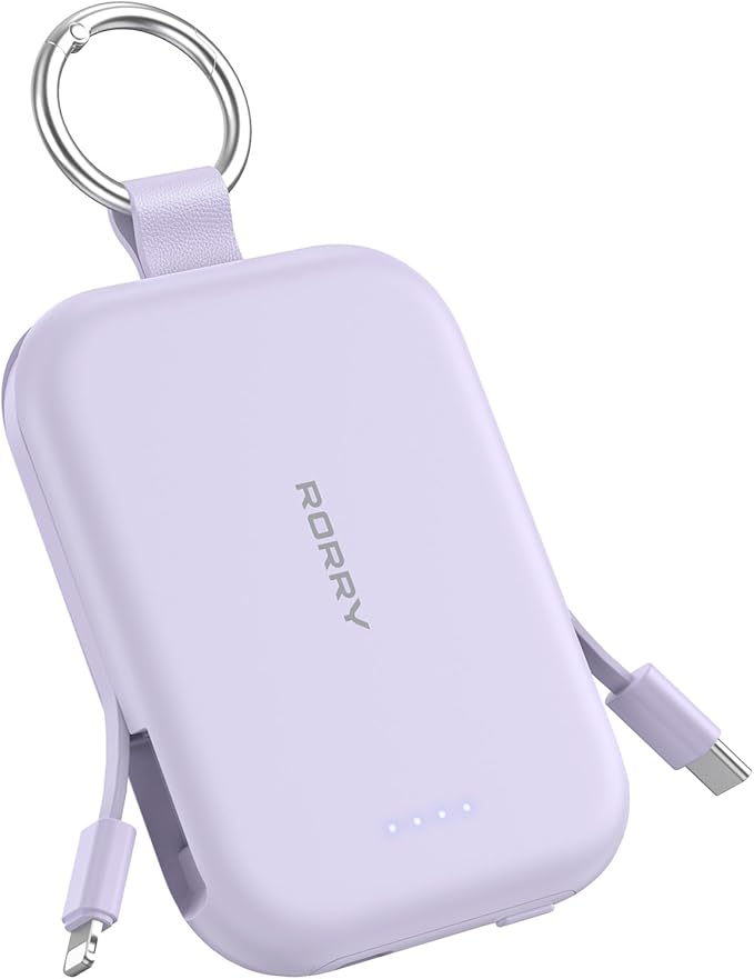 RORRY CharmGo Portable Charger, 5000mAh Portable Charger Power Bank with Built-in Cables, Travel Keychain Charger Battery Pack for iPhone 17/16/15/14/13/12, for AirPods 2/3/4/Pro, Purple