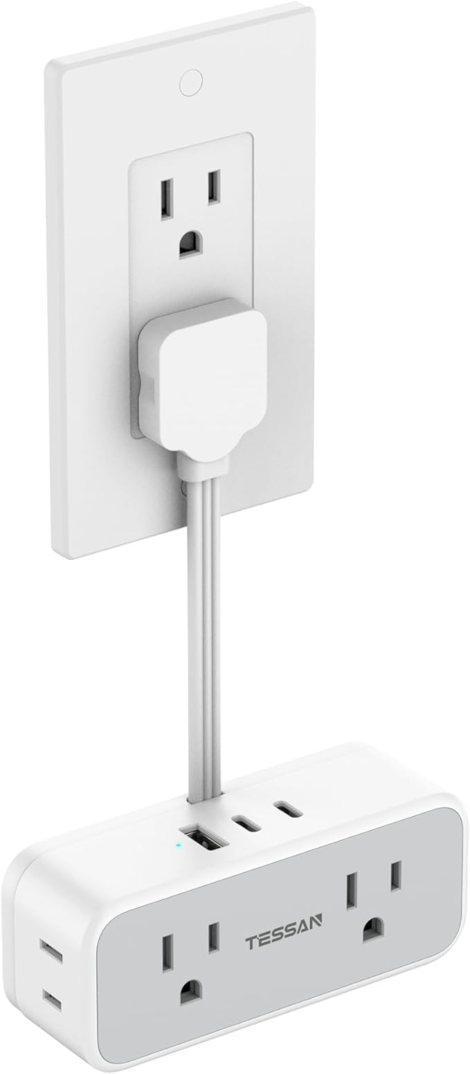 TESSAN Short Extension Cord 0.5Ft, Flat Plug Outlet Extender with 4 Widely AC with 3 USB Ports (2 USB C), Multi Plug Small Power Strip for Travel, Home, College Dorm Essentials, Gray