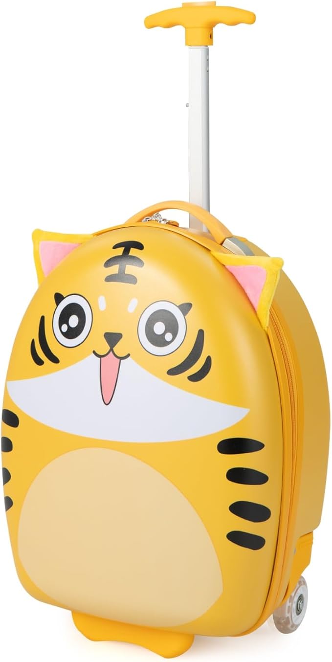 Olakids Kids Luggage, 16'' Carry On Rolling Suitcase for Girls Boys with LED Flashing Spinner Wheels, Travel Trolley Hardside Case for Toddlers (Yellow Tiger)