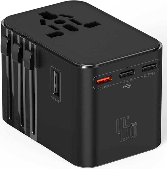 45W Universal Travel Adapter – Compact Plug with 3 USB-C & 2 USB-A Ports for EU/UK/US/AU, International Power Adapter Worldwide Charger, CE/FCC/RoHS Certified (Black)