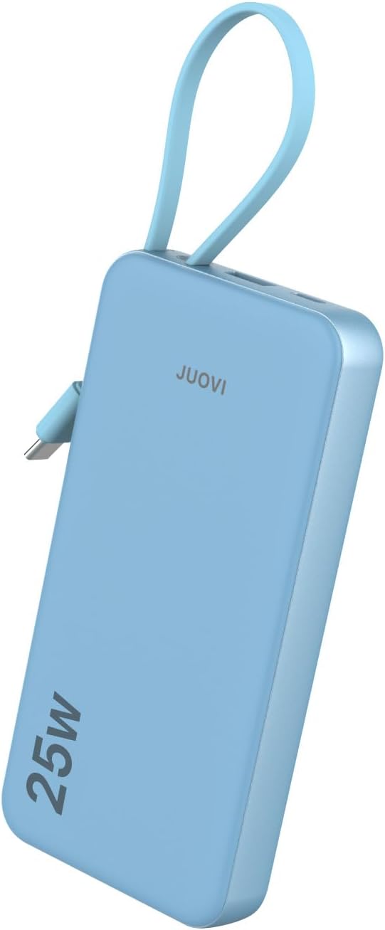 JUOVI 25w Portable Charger 10000mAh Power Bank with Built-in USB C Cable, Battery Pack Charger Portable LED Display Tavel Essential Phone Charger Compatible with iPhone 17/16/15 Series, Samsung, iPad