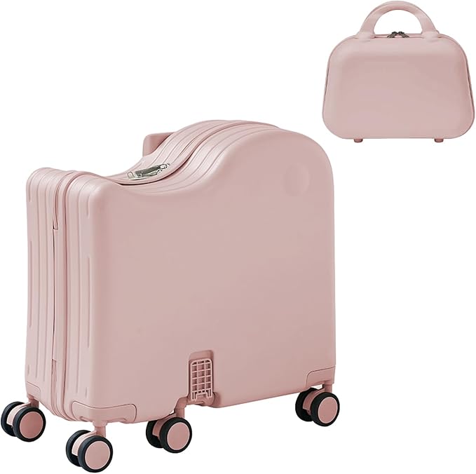 TABU Ride-on Luggage with Portable Bag for Kids，Hardshell Carry On Suitcase with Hidden Cup Holder, Foldable Pedal,Type-C & USB Interface, TSA Lock, 6-Spinner Wheels, Pink
