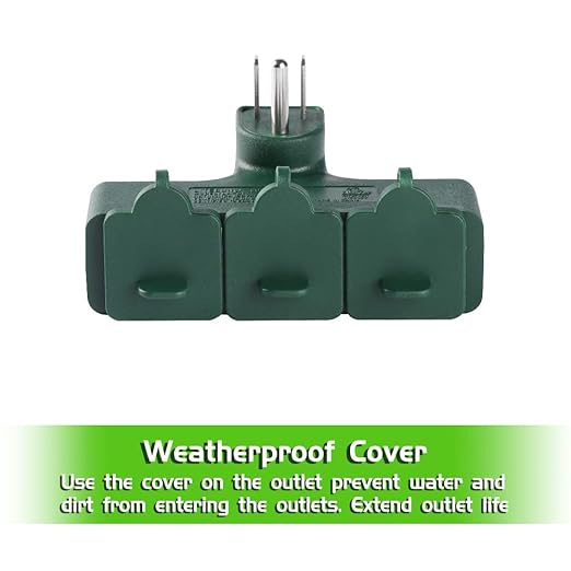 Outdoor Plug Extender, 3 Outlet Splitter with Safe Cover, Heavy Duty Waterproof Multi Plug for Christmas & Holiday Decorations, 1875W/15A ETL Listed, Green, 2 Pack
