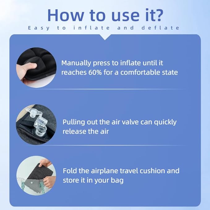 Inflatable Airplane Seat Cushion, Press to Inflate No Pump Required, Portable Travel Seat Pad for Office Chair Car Wheelchair, Coccyx & Tailbone Pain Relief Cushion with 3D Eye Mask (49 Air Cells)