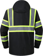 JKSafety Hi-Vis Reflective Safety Rain Jacket for Men Women Waterproof Rain Gears for Farming Fishing Work HV Rain Jacket with Inner Mesh Lining and Pockets (117A-Black 3XL)