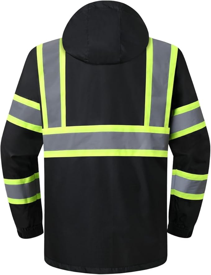 JKSafety Hi-Vis Reflective Safety Rain Jacket for Men Women Waterproof Rain Gears for Farming Fishing Work HV Rain Jacket with Inner Mesh Lining and Pockets (117A-Black 3XL)