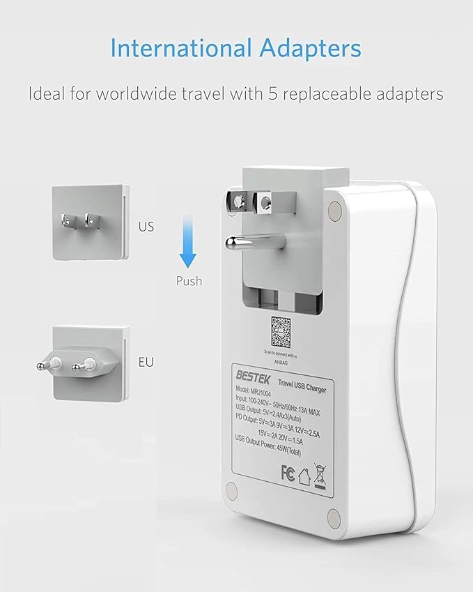 BESTEK International Travel Adapter, 3000W European Travel Plug Adapter for Hair Dryer Curling Iron, USB Travel Wall Charger with Worldwide Wall Plugs for US, EU(PD35W,1004, White)