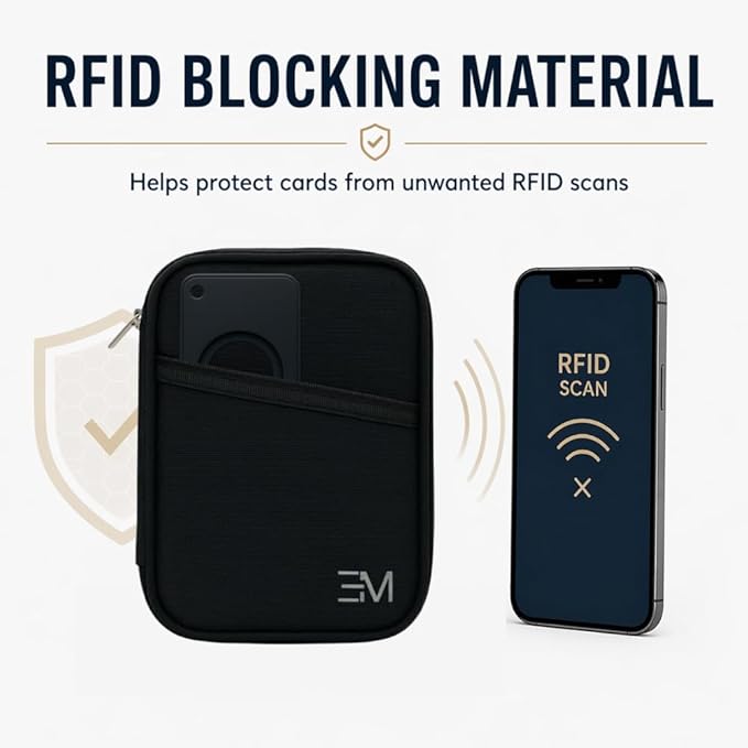 EM Premium Products RFID Protection Travel Wallet & Passport Holder – Zippered Organizer Case with AirTag card holder – Holds Cards, Cash, ID, Tickets