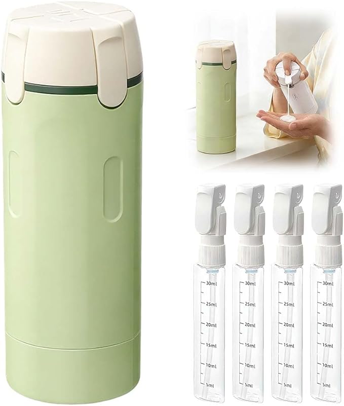 HISKI 4 in 1 Travel Bottles for Toiletries,Portable Travel Toiletries Bottle Set, Portable Containers for Shampoo Lotion Conditioner Cream Transparent with Scale and Label (Green-1)