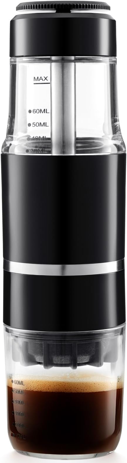 Portable Coffee Maker for Travel & Camping, Travel Lightweight Coffee Machines, Manually Operated, Compatible Ground Coffee & NS Capsule (Black)