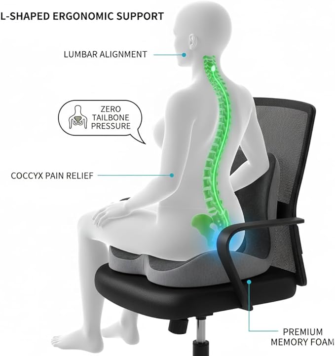 Memory Foam Seat Cushion for Office Chair & Car Seat, Ergonomic Coccyx Cushion for Pressure Relief & Back Support, Non-Slip Comfort Cushion for Driving, Wheelchair, Desk Chair, Home & Travel
