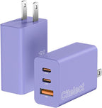 2Pack 65W USB C Charger Block, 3Port Fast Charging Adapter,Type C Fast Charging Blocks Cube PD USBC Wall Plug+QC3.0 USB A Charger Brick for MacBook Pro/Air,iPad,iPhone17/16,Samsung S26/S25&More-Purple