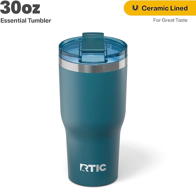 RTIC 30oz Essential Tumbler with Lid, Ceramic Lined, Insulated, Stainless Steel, Metal, Double Wall Vacuum-Insulation, Travel Cup for Iced Coffee, Tea, Hot and Cold Drink, Marine