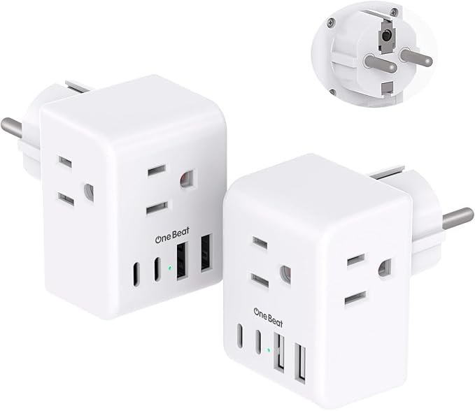 2 Pack Germany France Travel Plug Adapter, Type E/F Power Plug Adapter with 3 Outlets 4 USB Charging Ports(2 USB C), Travel Essentials US to Europe France Germany South Korea Netherlands Spain
