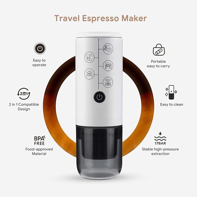 3-in-1 Portable Espresso Machine With NO Heating Function, Type-C Charging Electric Espresso Maker, 17 Bar Mini Coffee Maker For N ESPRESSO/DolceGustoPods & Ground Coffee On the Go, White