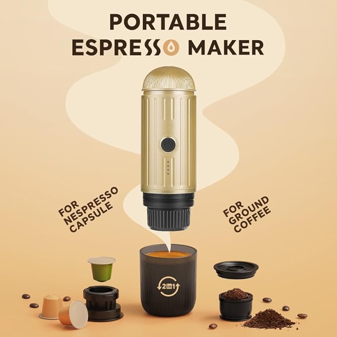 Portable Espresso Machine For Travel, USB-C Charging, Self-Heating Electric Espresso Maker, 19 Bar Mini Coffee Maker On the Go For Camping/Hiking, Ground Coffee & NESPRESSOpods (Light Gold)