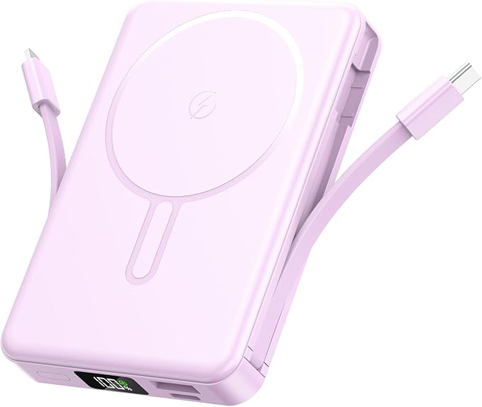 Magnetic Portable Charger, 22.5W Power Bank Fast Charging 10000mAh, Portable Charger with Built in Cable, for Magsafe Battery Pack Compatible with iPhone 17/16/15/14/13/12 Pro/Pro Max Purple