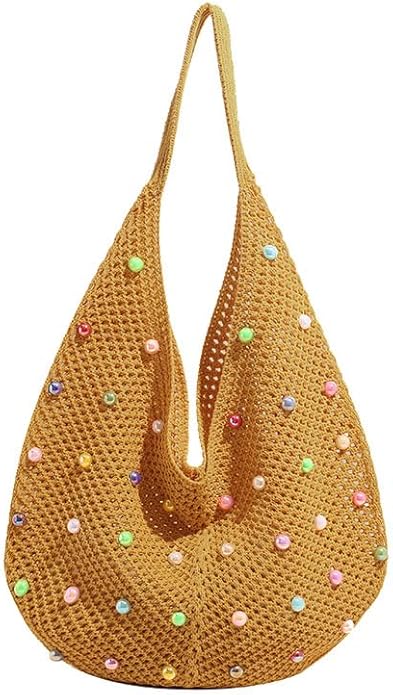 Boho Crochet Beach Tote Shoulder Bag with Colored Beads | Colorful Aesthetic Hippie Knit Bag for Women