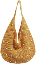 Boho Crochet Beach Tote Shoulder Bag with Colored Beads | Colorful Aesthetic Hippie Knit Bag for Women