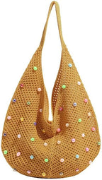 Boho Crochet Beach Tote Shoulder Bag with Colored Beads | Colorful Aesthetic Hippie Knit Bag for Women