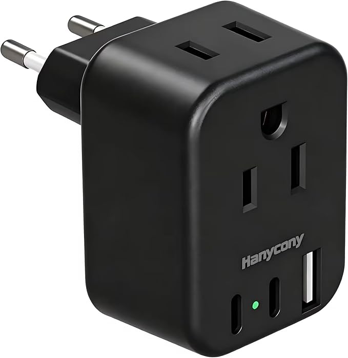 Black European Travel Plug Adapter USB C, International Plug Adapter, US to Europe Adapter Plug 2 Outlets 3 USB Ports(2 C Port), Type C Power Adapter to Iceland Italy France Portugal Spain Germany