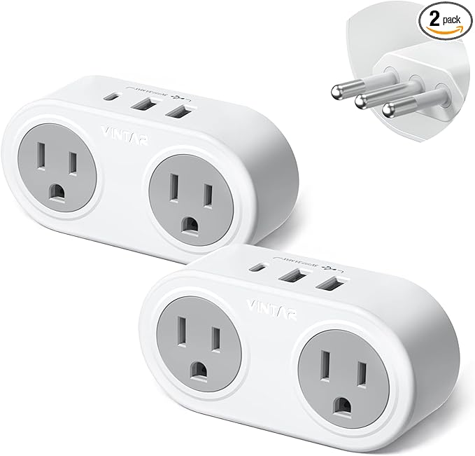 2 Pack Italy Travel Plug Adapter, VINTAR US to Italy Power Adapter with 1 USB C 2 USB A Ports and 2 American Outlets, 5 in 1 Outlet Adapter, Type L Plug Adapter for USA to Italy Uruguay Chile