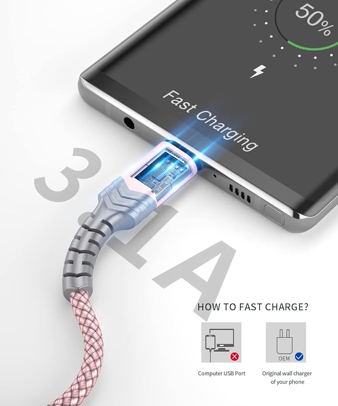 USB-C to USB A Cable 3.1A Fast Charging [2-Pack 6.6ft], JSAUX iPhone 15 USB Type C Charger Cord Compatible with iPhone 15/15 Plus15 Pro/15 Pro Max, Samsung Galaxy S20 S10 S9, Note 20 10, LG G8 G7-Pink