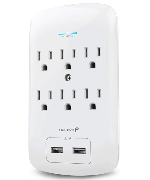Fosmon 6 Outlet Wall Surge Protector Outlet Wall Mount, USB in Wall Charger Surge Protector (1200 Joules), 2 USB ports 3.4A, 1875W, 3-Prong Grounded