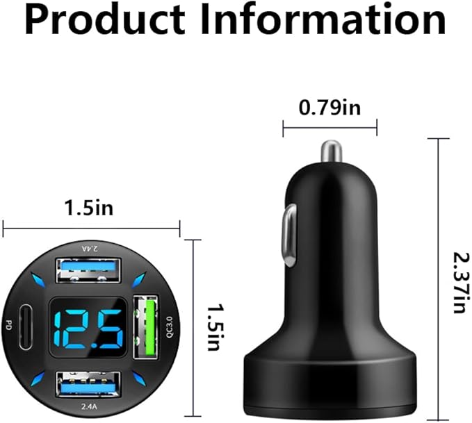 Car Charger 66W Super Fast Charging with USB C&QC 3.0(Voltmeter&LED Lights) Universal Quick Charge for 12-24V Car Cigarette Lighter Plug,Compatible with iPhone 14 13,S22,iPad(2Pcs-Black-QC/PD/2.4A)