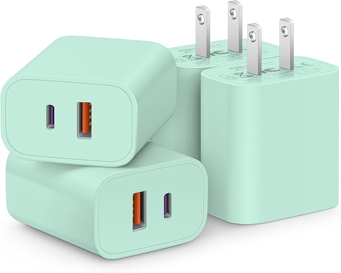 [4 Pack] USB C Charger Block Fast Charging Multiport Adpater [PD 20W USB-C & QC 3.0 USB-A Port] for i Phone 17/16/15/14/13/12/11/X/8, i Pad, Galaxy, Google, Galaxy & More [Green]