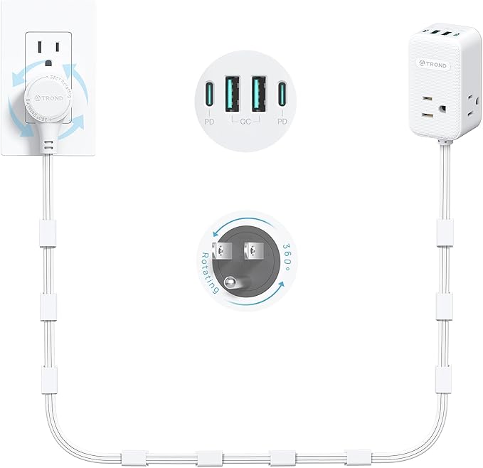TROND Electrical Outlet Extender 360° Rotating Plug with 20W USB C, 6ft Short Extension Cord, Wall Plug Adapter with 3 AC Outlets, Access Hard-to-Reach Outlets Use Behind Couches, Desk, White