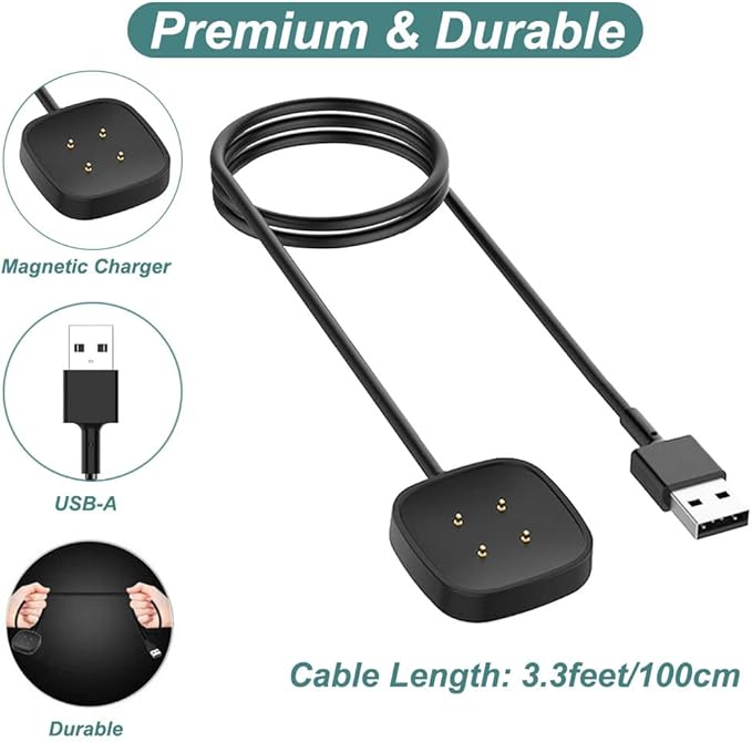 Charger for Fitbit Versa 4/Versa 3/Sense 2/Sense, Replacement Charging Cable Cord Magnetic Dock Stand for Fitbit Sense 1/2, Versa 3/4 Smartwatch [2Pack, 1m/3.3ft]