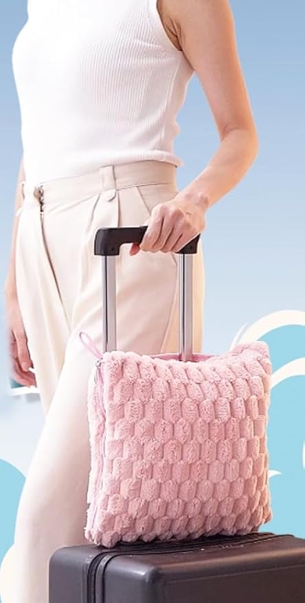 Premium Soft 4-in-1 Travel Blanket and Pillow for Airplane, Kids and Adults, Lumbar Cushion with Hand Luggage Sleeve, Great Gift for Holidays and Birthdays (Pink)