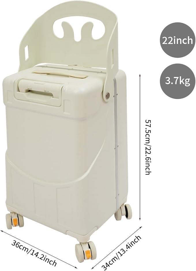 Kids Ride-on Luggage with Foldable Back Rest, 22" Carry On Luggage Travel Trolley Case with Seat for Children, Top Opening Suitcase with Spinner Wheels and Lock (White, 22 Inch)