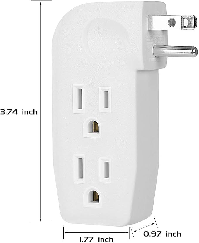 3 Way Vertical Outlet Wall Tap Outlet Splitter Extender with 3 Prong Plug for Behind Furniture, Turn One Outlet Into Three, 2 on the Right Side and 1 on the Left Side, White, ETL Listed