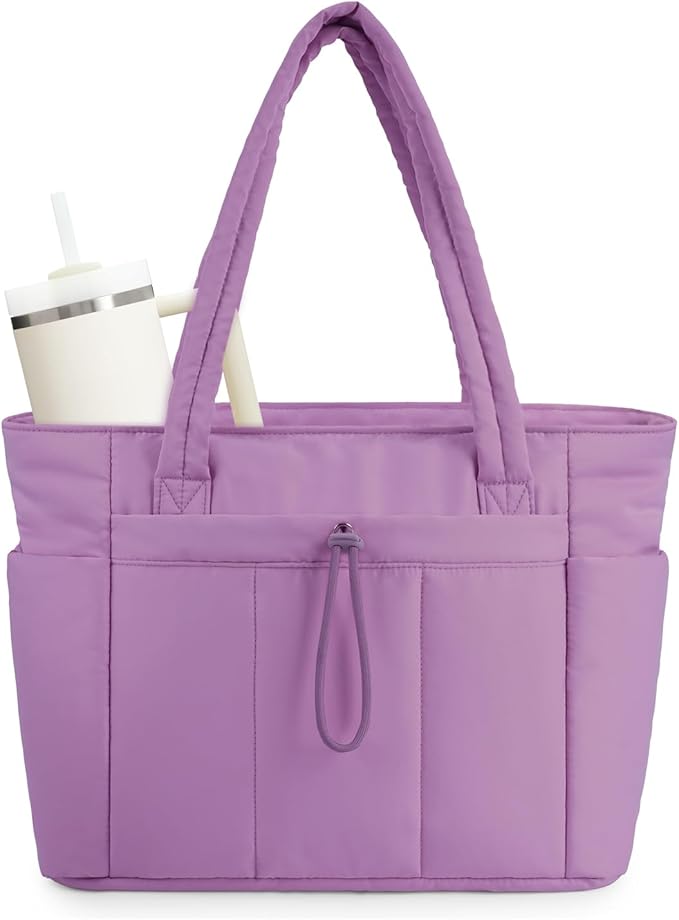 Wandering Nature Puffer Tote Bag with Cup Holder & Laptop Compartment & Trolley Sleeve for Travel, Work, Nurse, Women