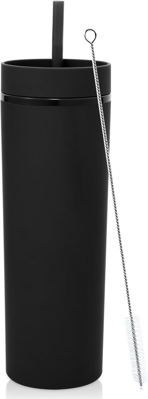 Volhoply 20oz Plastic Skinny Tumbler,Double Wall Tumblers with Lid and Straw,Reusable Travel Iced Coffee Mug,BPA Free Matte Acrylic Water Cups With Straw for Parties,DIY Gifts(Black,1 Set