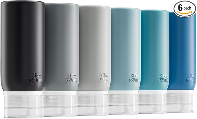 Muslish 6 Pack Travel Bottles for Toiletries - TSA Approved 3oz Leakproof Travel Size Containers, BPA Free Silicone Refillable Squeezable Bottles, Travel Essentials for Shampoo and Conditioner (Gray)