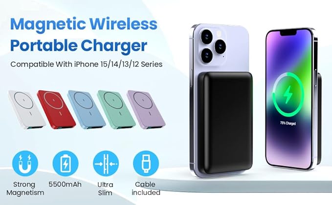 Magnetic Portable Charger Power Bank,Slim 5500mAh LCD Display Wireless Portable Charger,PD USB-C in&Out Travel Essentials Battery Pack Compatible with Magsafe,iPhone 17/16/15 Pro/14/13/12 Series