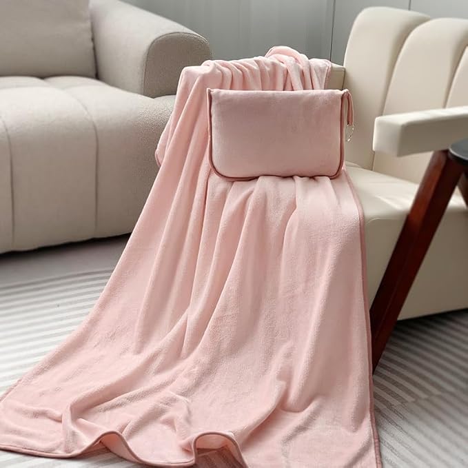 ShezPretty Premium 2in1 Soft Travel Blanket Pillow with Airline Hand Luggage Sleeve and Backpack Clip Airplane (Light Pink)