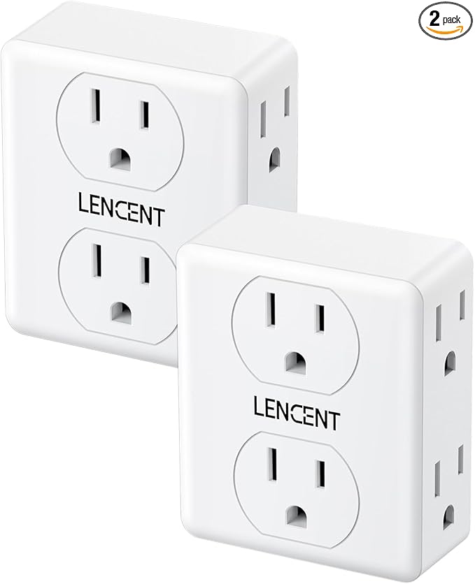 LENCENT 2 to 3 Prong Outlet Adapter, 2 Pack 2 Prong Power Strip, 6 Widely Spaced Sockets Extender, 3-Sided Wall Plug Splitter, 1875W Max, Compact Wall tap for Non-Grounded Outlets in Old House Hotel