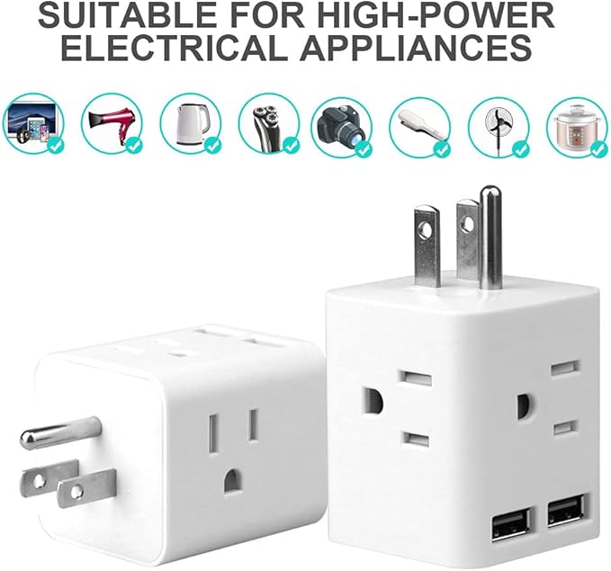 Multi Plug Outlet Extender, Vsanstar 3 Prong Wall Tap 4 Way AC Electrical Outlets Power Strip, Power Plug Splitter Grounded to USA Adapter for Home Office, Kitchen (USA Plug Outlet with USB)