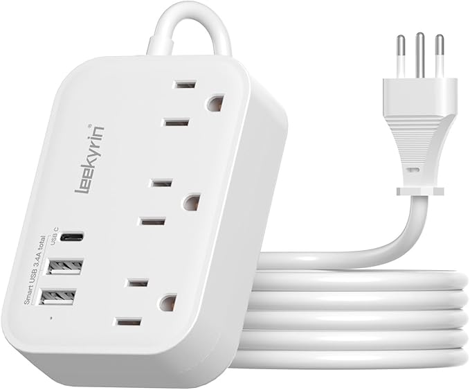 Italy Travel Plug Adapter, Type L Adapter for Travel with 3 Outlets 3 USB Ports (1 USB-C 3.4A), 3ft Wrapped Around Extension Cord, Power Adaptor for US to Italy Chile Rome Uruguay Milan Libya