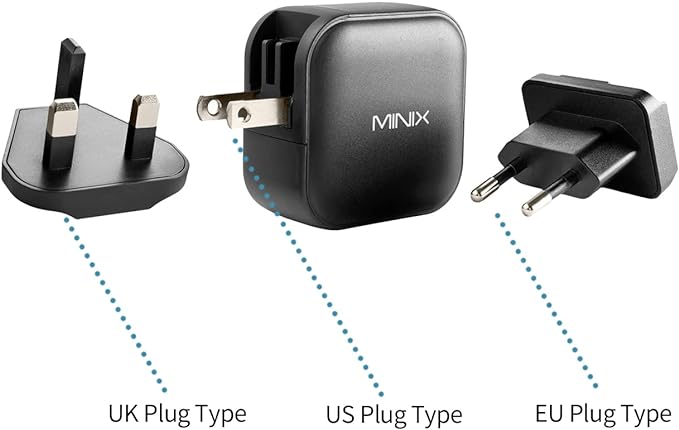 MINIX 66W Turbo 3-Port GaN Wall Charger 2 x USB-C Fast Charging Adapter, 1 x USB-A Quick Charge 3.0, Compatible with MacBook Pro Air, iPad Pro, iPhone 16/15/13/12/11, Galaxy S9 S8 and More (NEO P1)