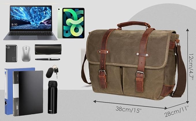 Vintage Genuine Leather Waxed Canvas Briefcase Large Satchel Shoulder Bag Rugged Computer 15.6" Laptop Bag